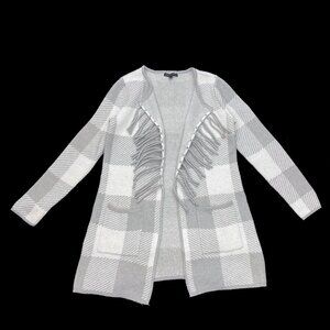 Adrienne Vittadini Open Long Cardigan Sweater Gray White Womens L